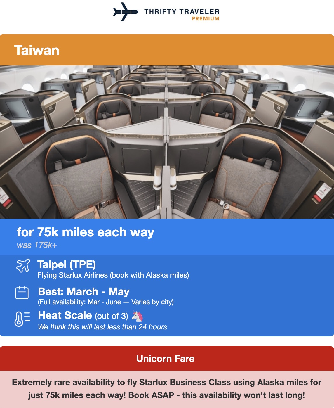 Starlux Business Class for 75k miles each way. 